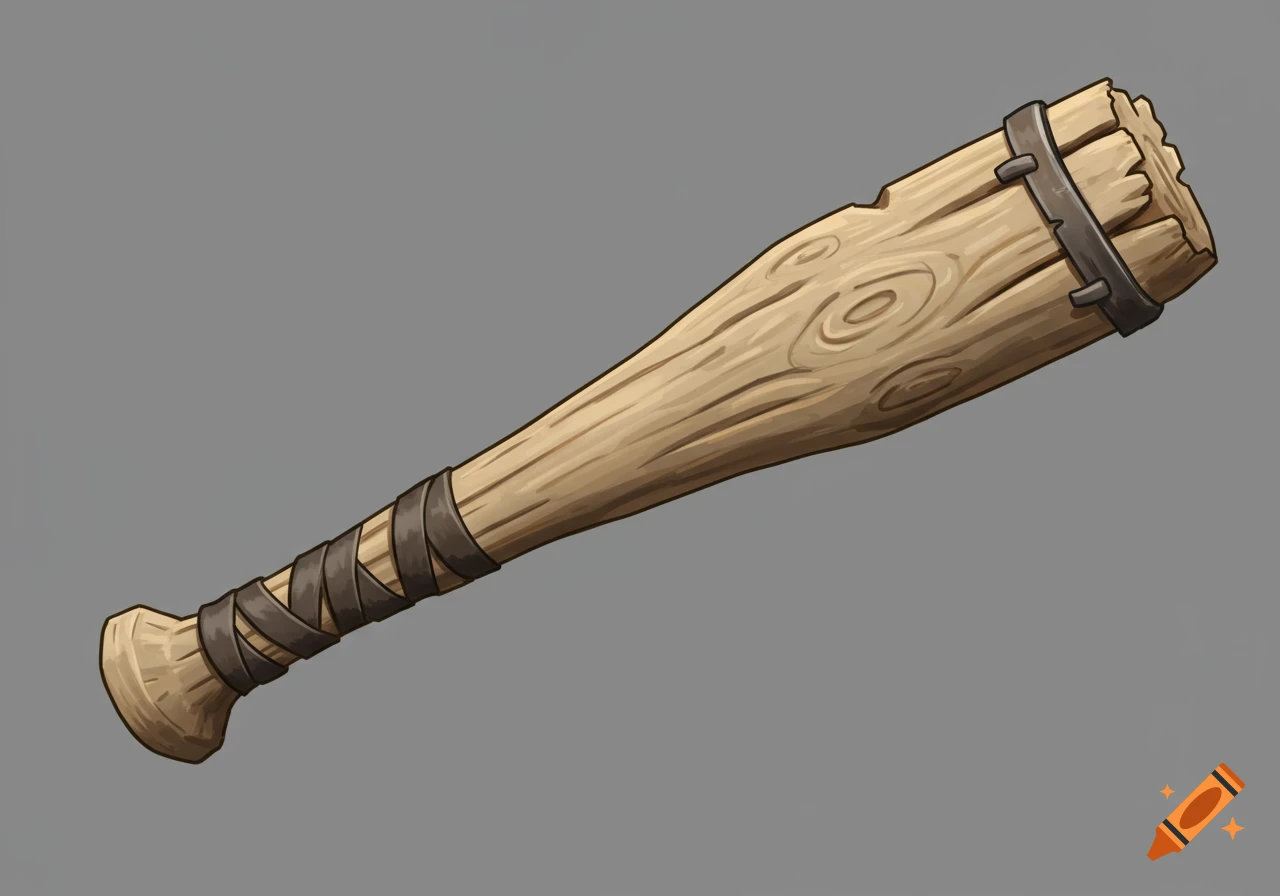 A stylized wooden bat weapon with metal and leather wrapping on a grey background.