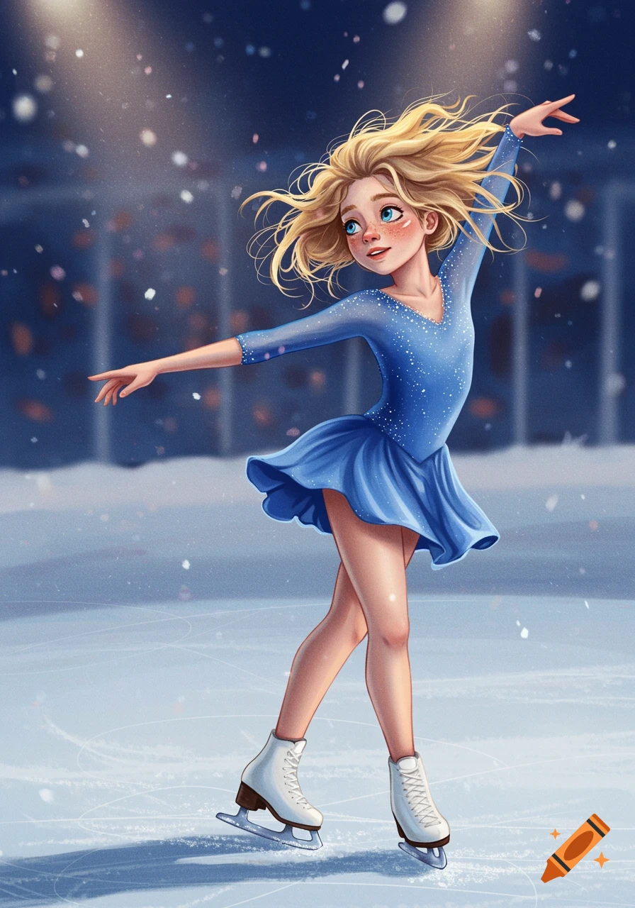 A girl with blonde hair and freckles figure skating in a blue dress with sequins.