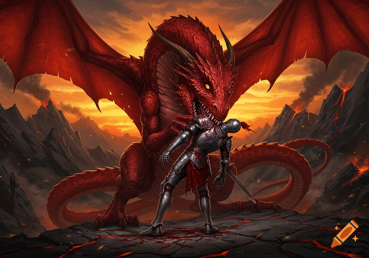 A giant red dragon devours a knight in silver armor amidst a rocky, volcanic landscape under an orange sky.
