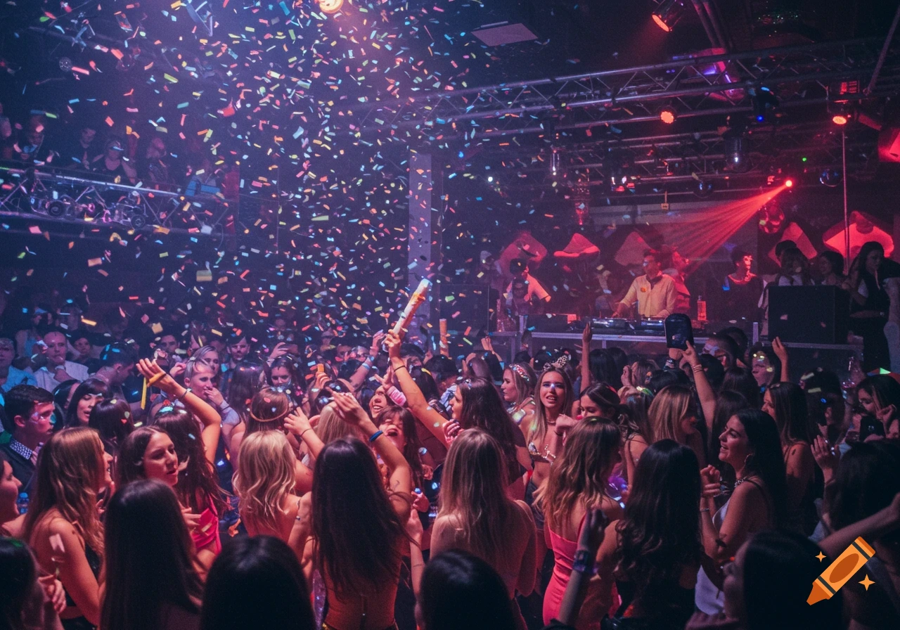 A large crowd of people dancing in a dark club with confetti falling from the ceiling. Flashing lights illuminate the scene.