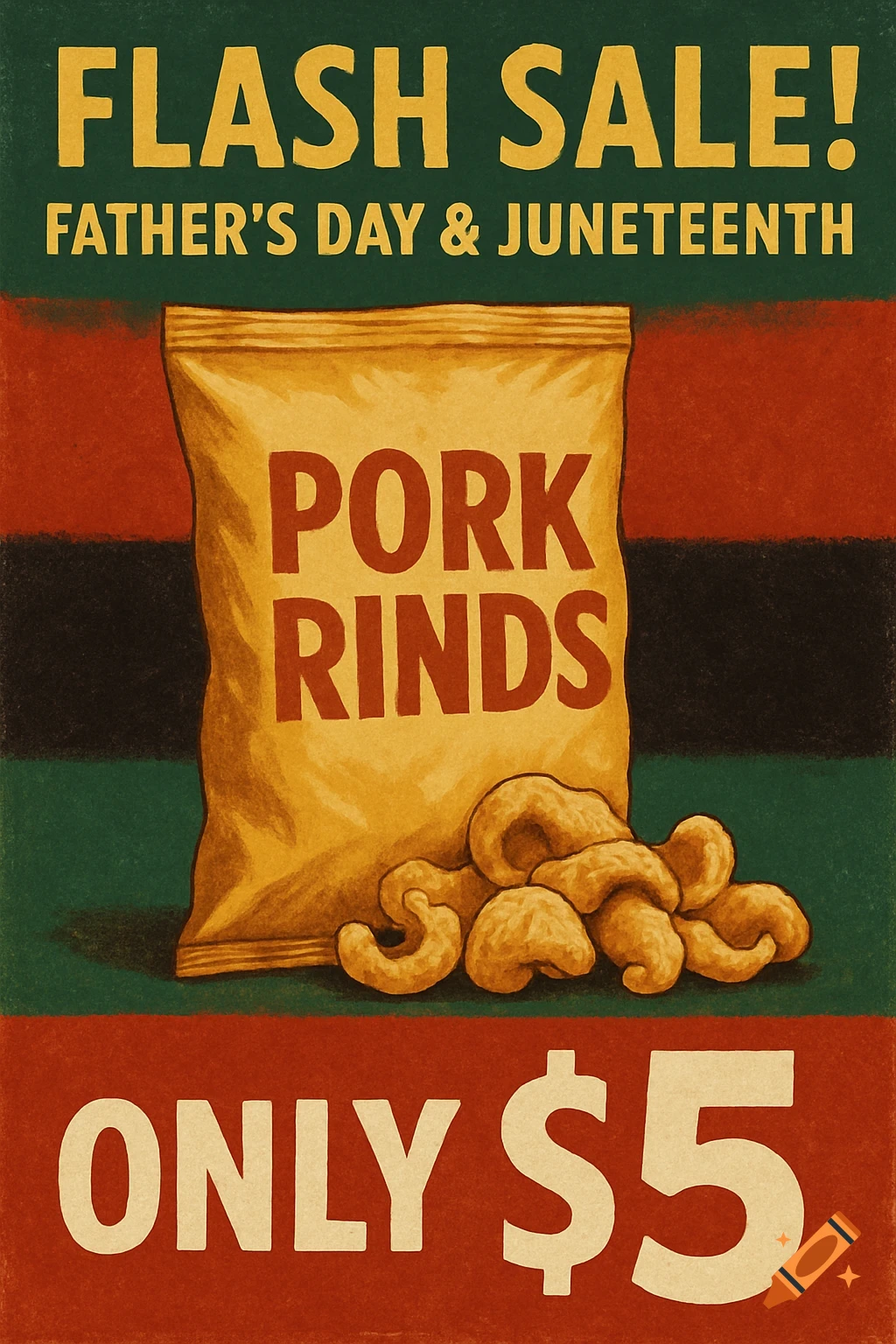 Retro ad poster for pork rinds flash sale. Features a bag and loose pork rinds with text "FLASH SALE! FATHER'S DAY & JUNETEENTH PORK RINDS ONLY $5" against red, black, and green stripes.
