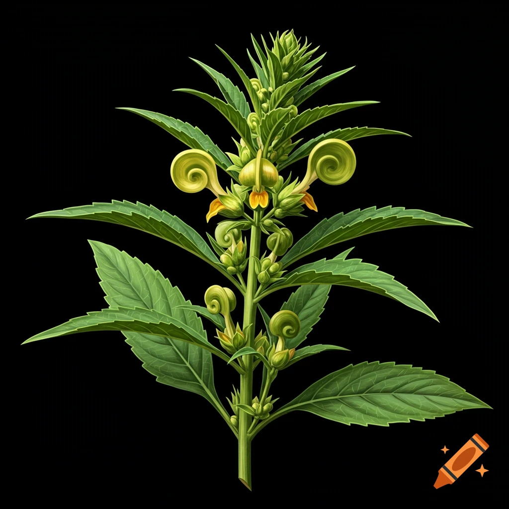 Botanical illustration of a green plant with curly tendrils and small yellow flowers against a black background.
