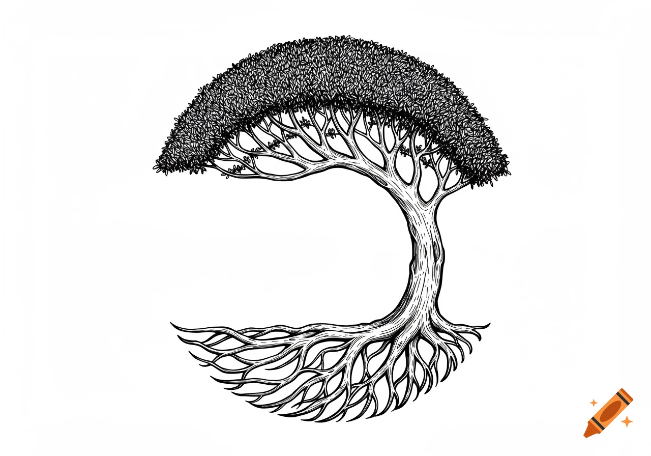 Black and white line art of a tree with trunk on the right, branches & roots form a semicircle