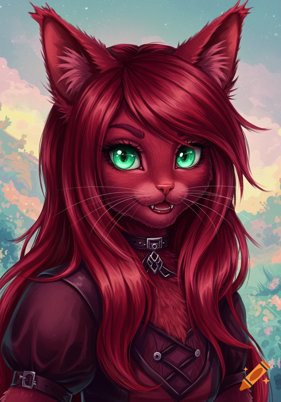 A stylized portrait of a red cat-girl character with green eyes and long red hair