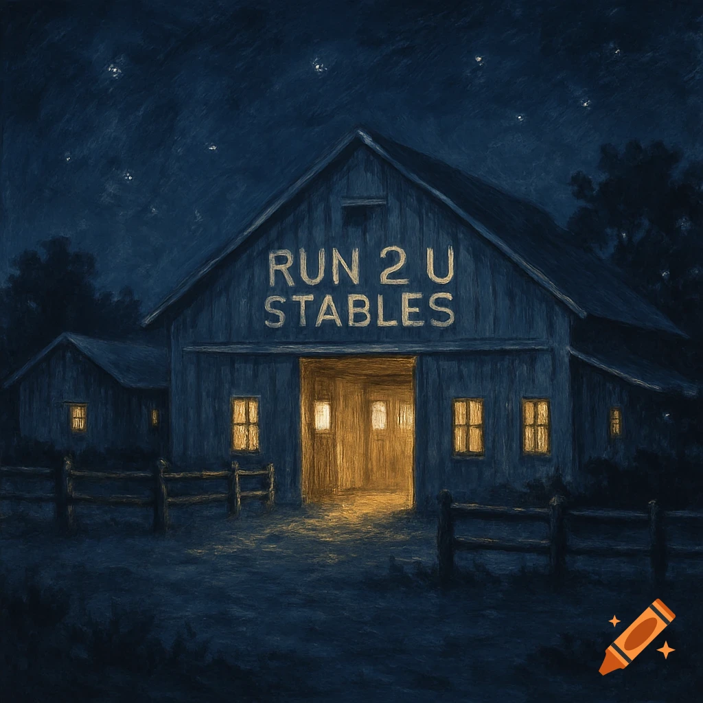 Painting of a barn at night with 'RUN 2 U STABLES' on the side, lit windows.