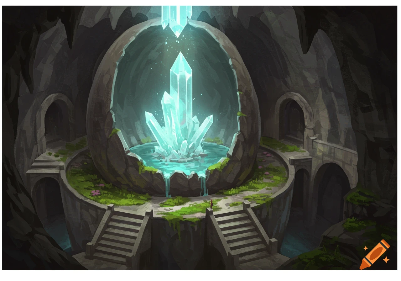 Fantasy illustration of a large glowing crystal in a cave with stairs and a small person.