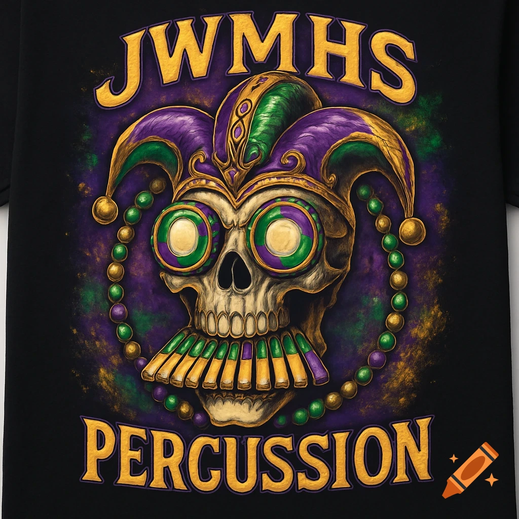 Mardi Gras jester skull design with music keys, beads, and "JWMHS PERCUSSION" text on a black background.