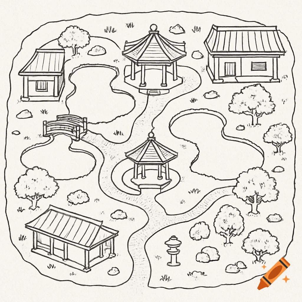 Aerial outline drawing of a fantasy Japanese garden map with paths, ponds, buildings, gazebos, and a bridge.