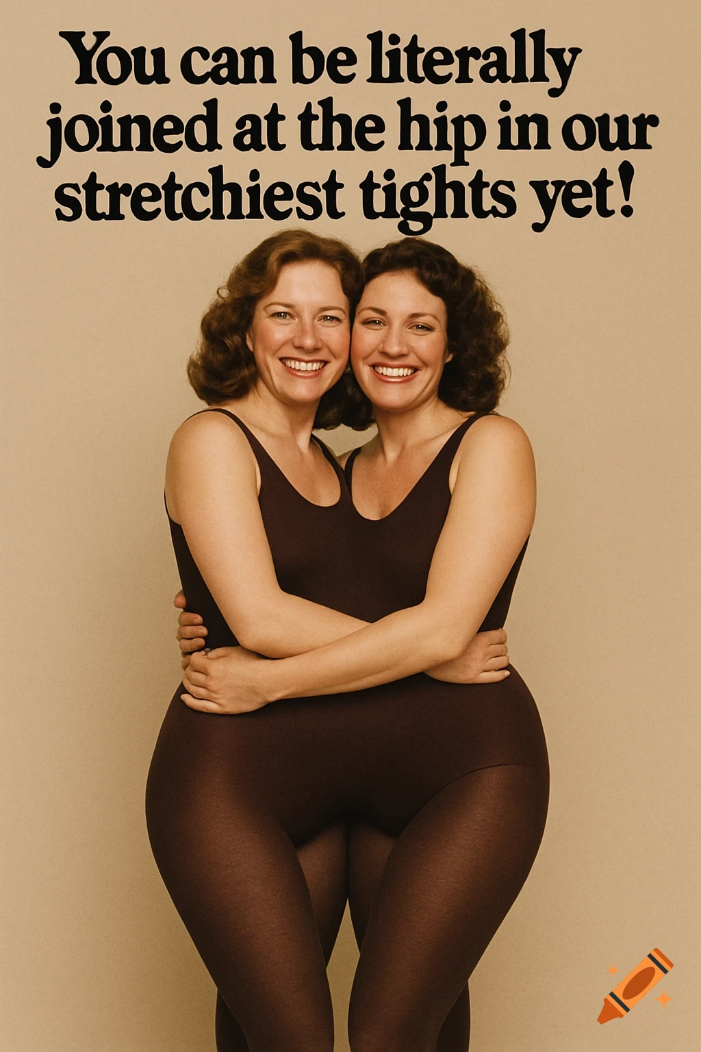 Two women in leotards hug, appearing joined at the hip, with text overhead, in a vintage ad style.