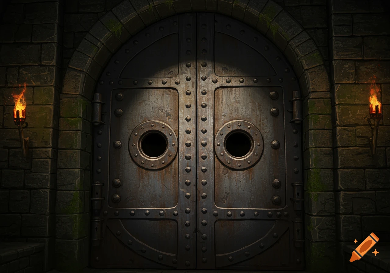Ancient metal door in a stone archway, lit by two torches.