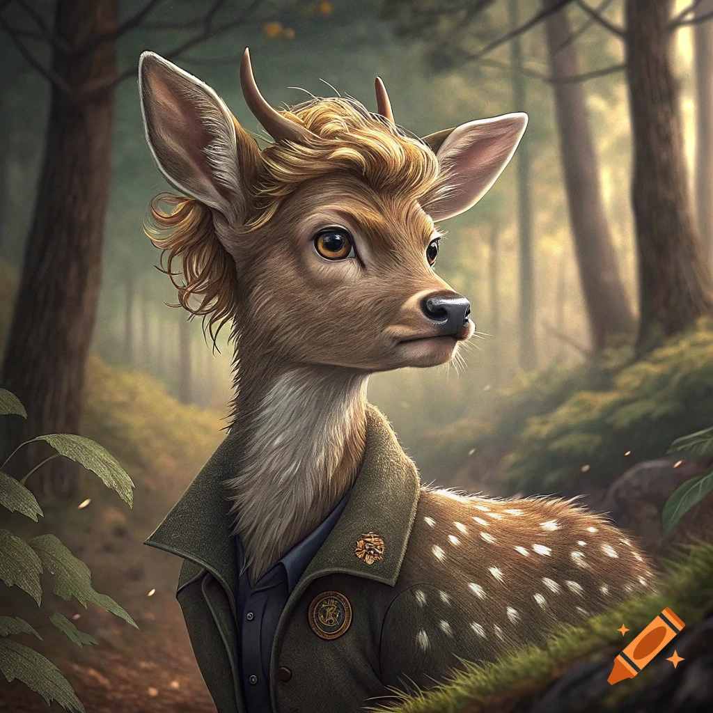 A young deer with human-like hair and a jacket stands in a forest.
