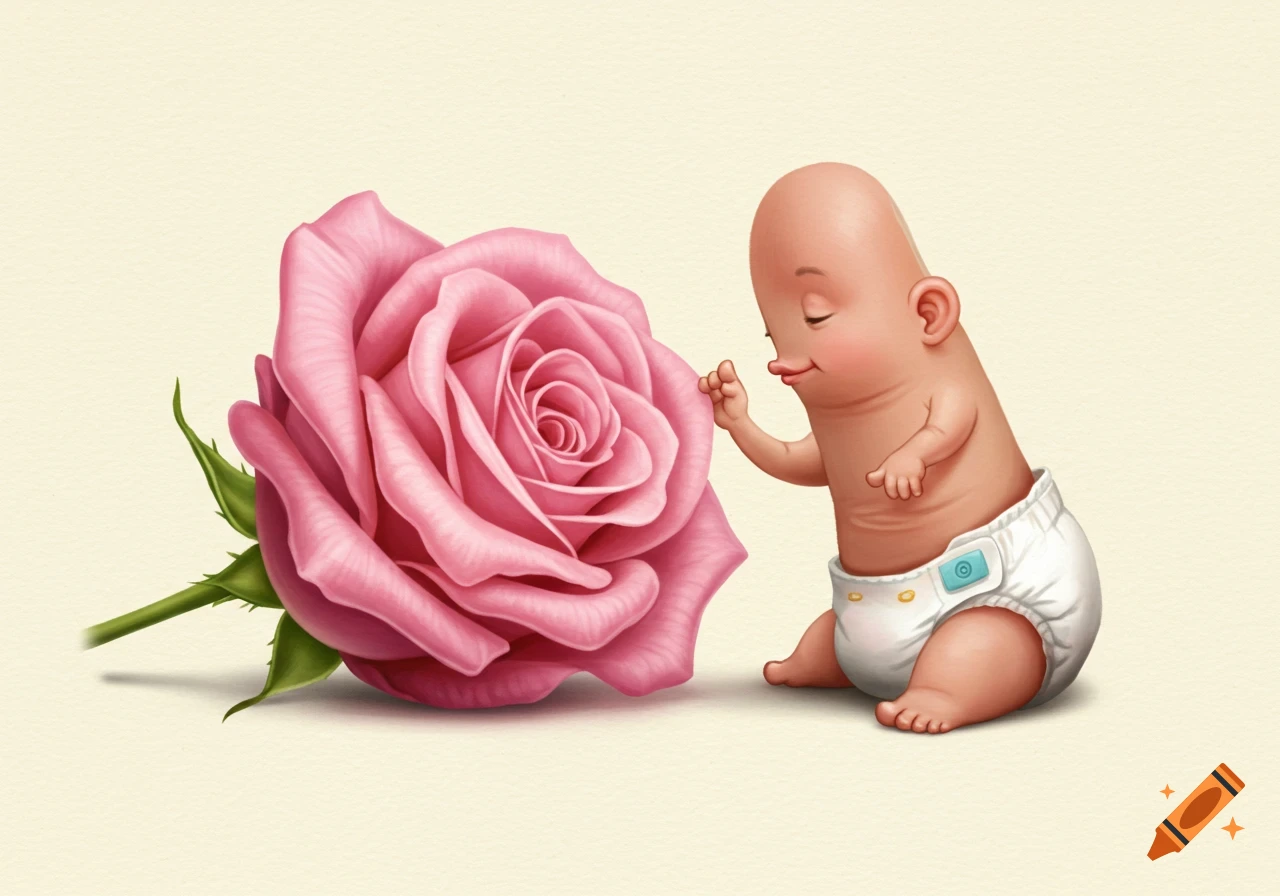 Stylized baby creature with large ears sniffs a pink rose while wearing a diaper.