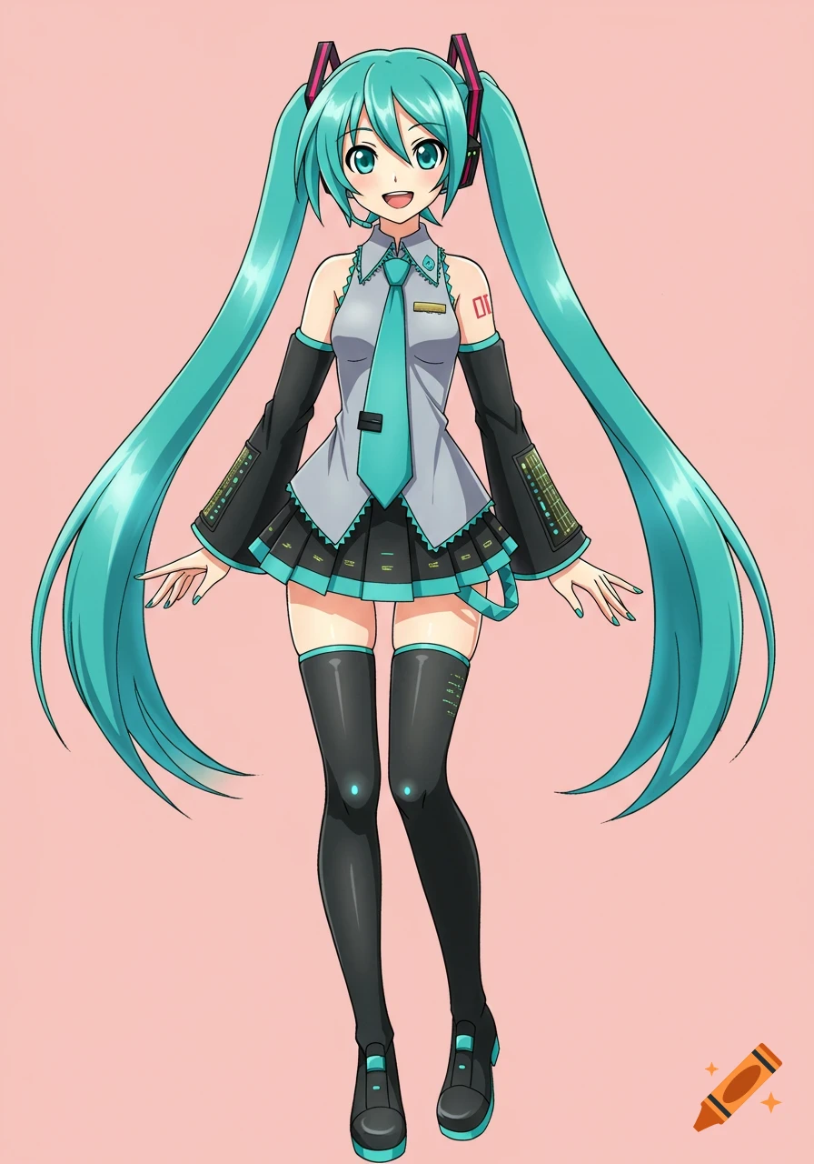 Hatsune Miku standing in her signature outfit