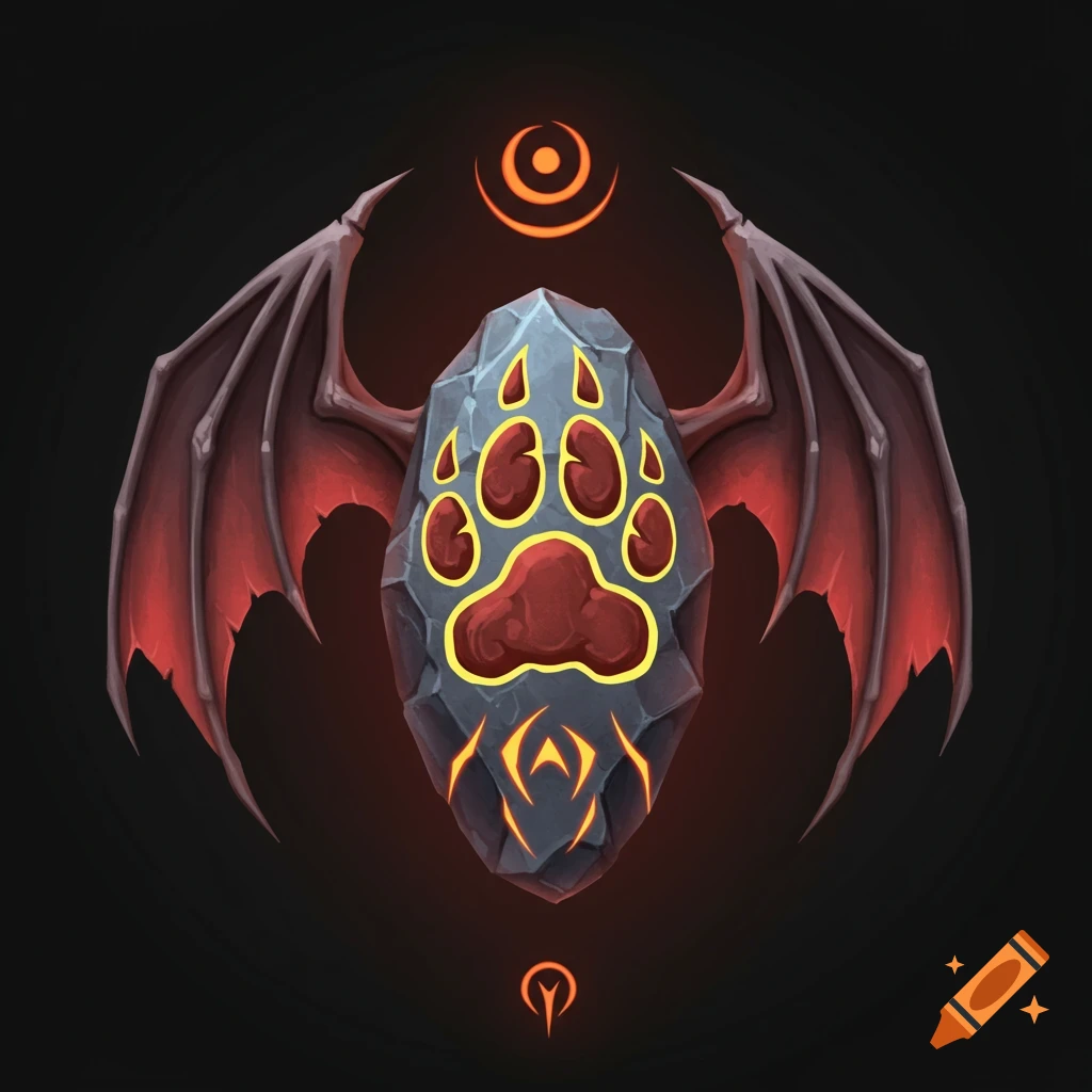 A stylized symbol featuring a stone shaped like a paw print, dragon wings, glowing cracks, and tribal elements on a dark background.