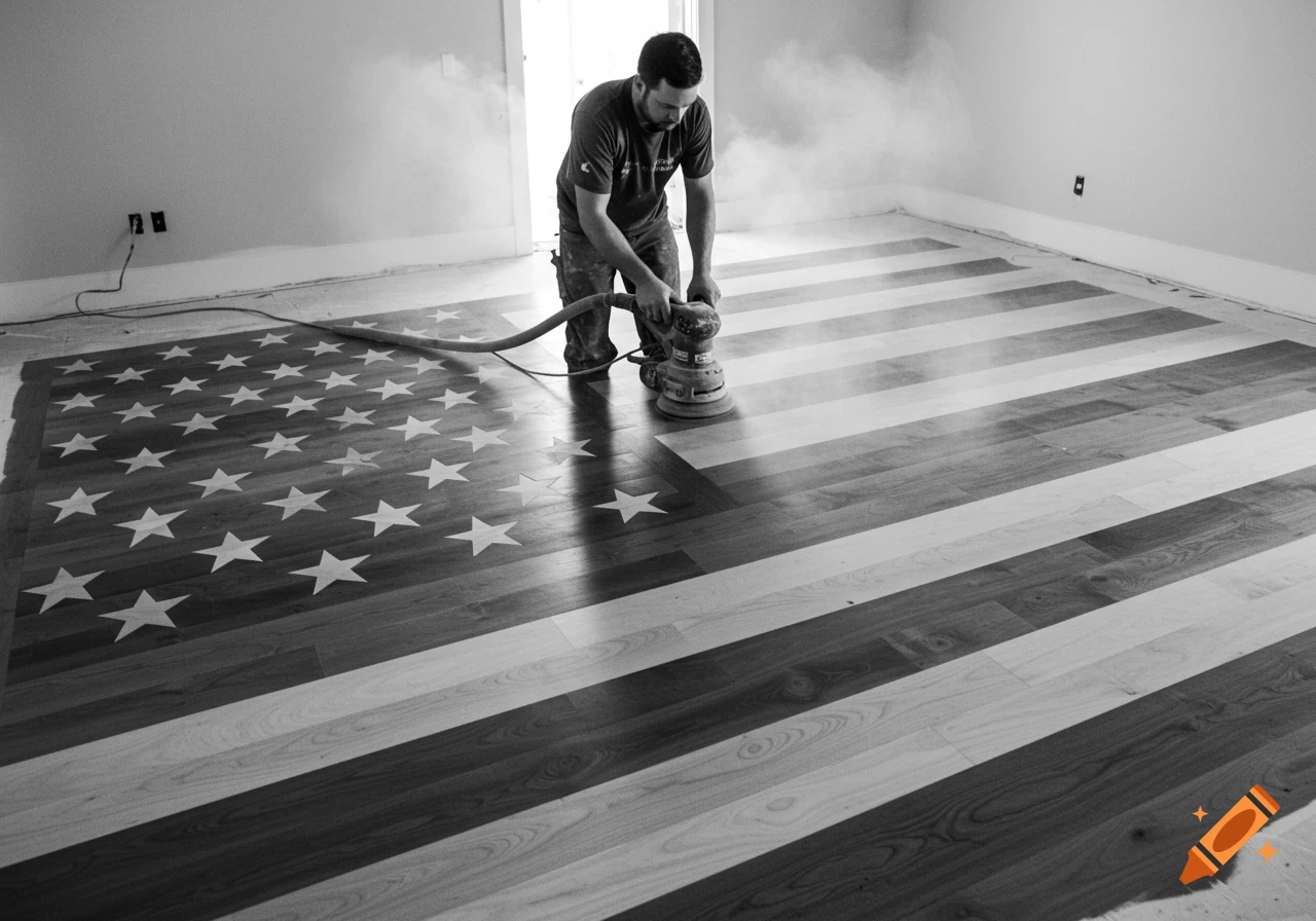 Black and white photo of a man sanding a hardwood floor painted like the American flag.