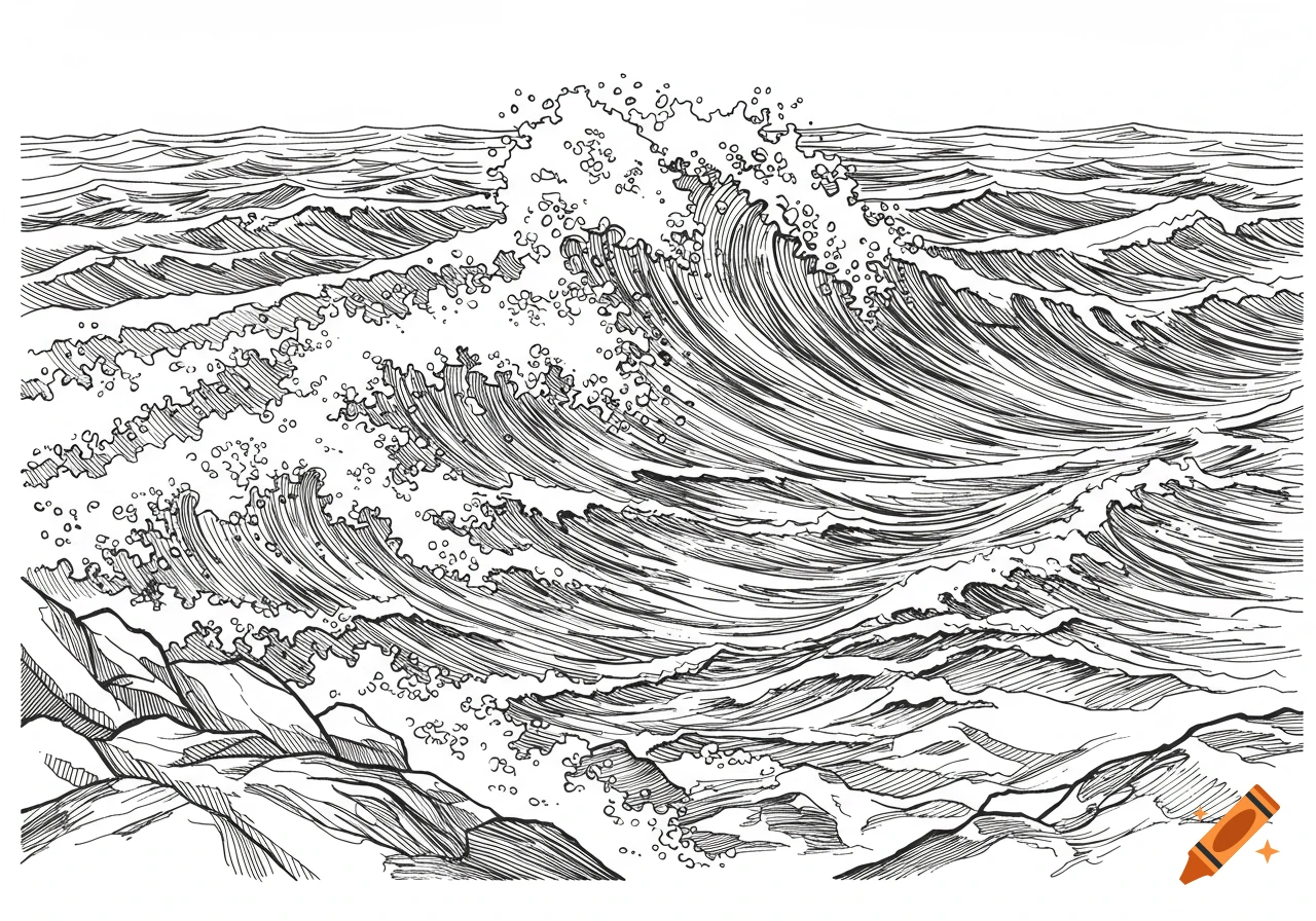 Line art drawing of crashing waves and rocks.