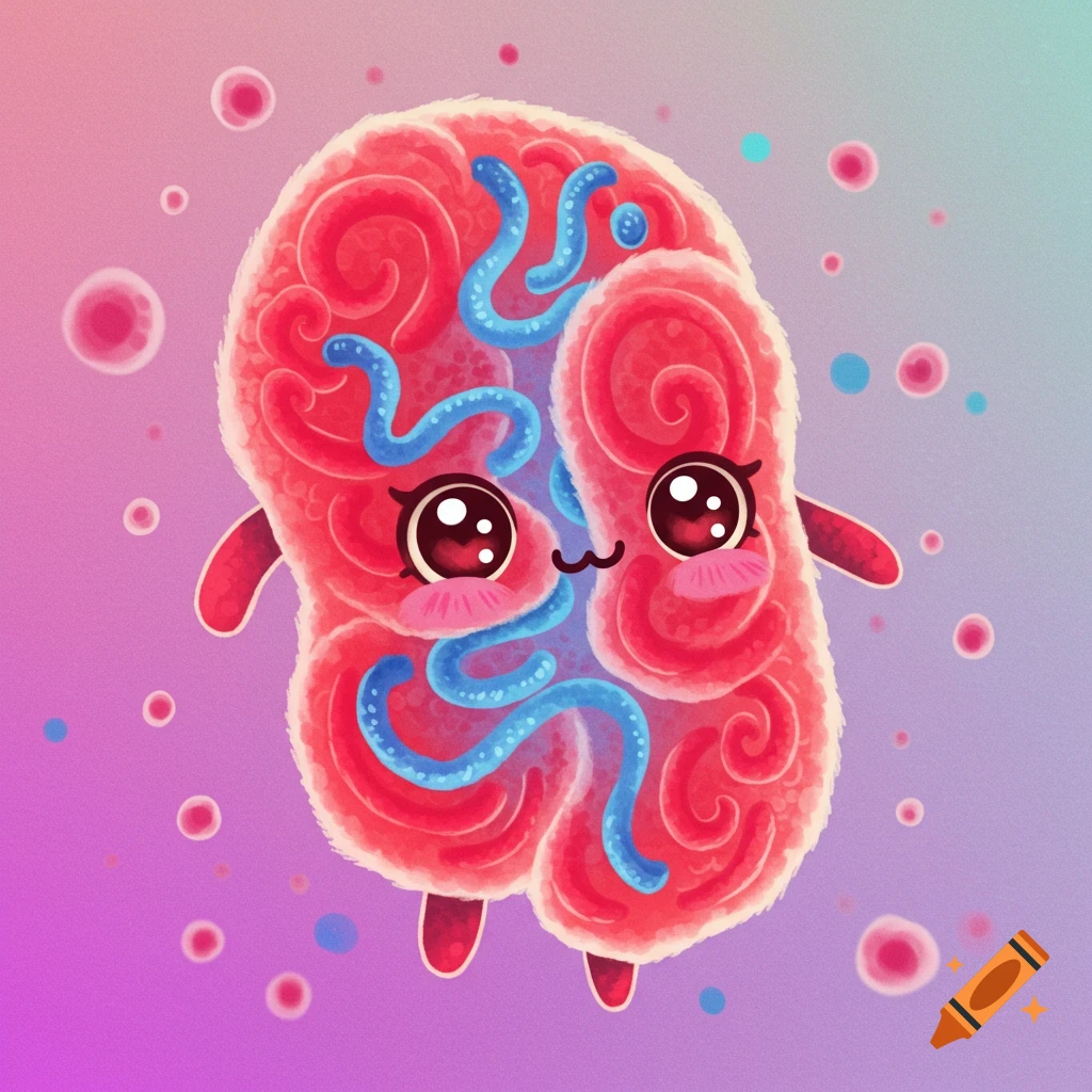 A cute cartoon mitochondria character with arms and legs floats against a gradient background with bubbles.
