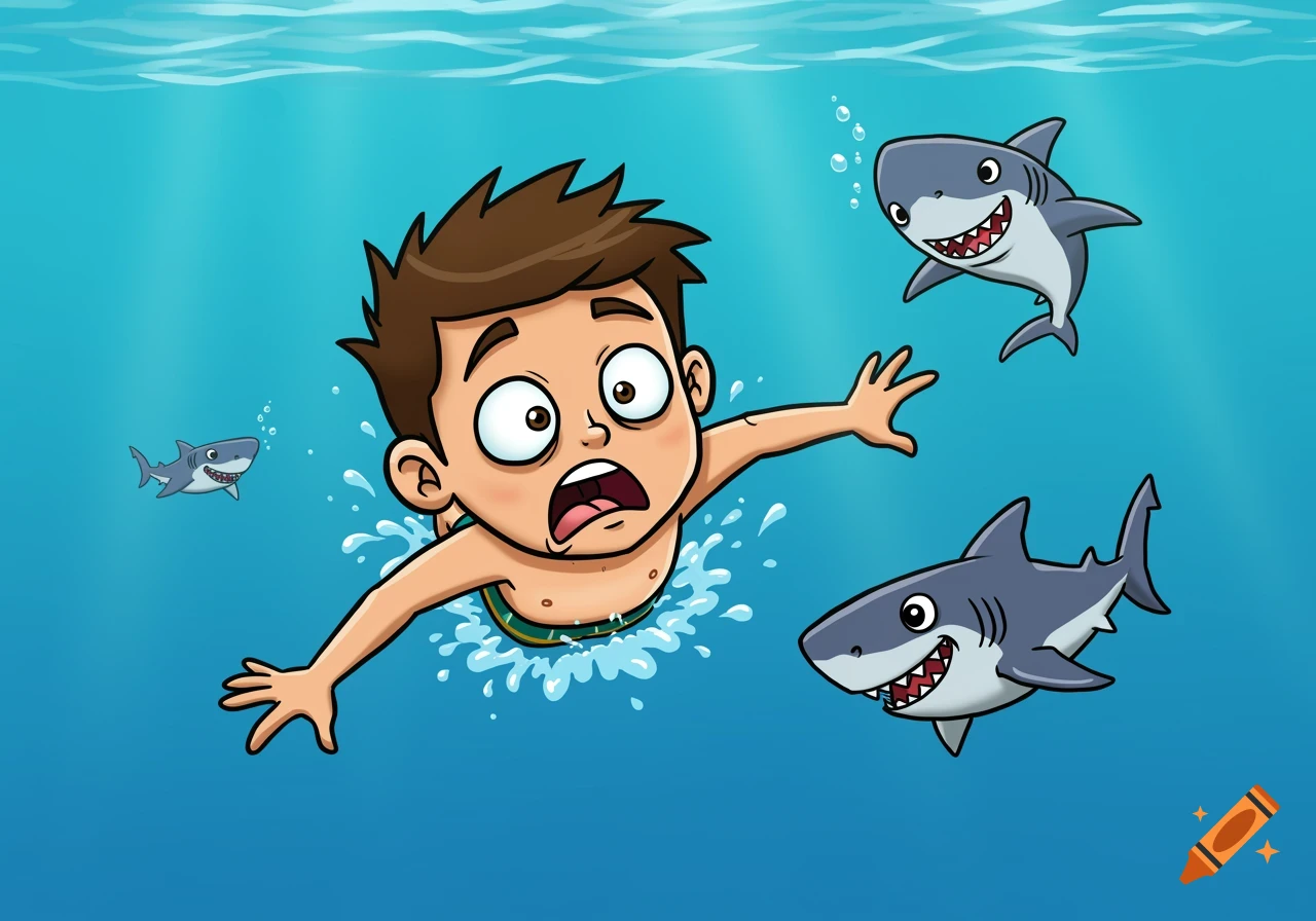 A cartoon illustration of a boy swimming in the ocean with smiling baby sharks.