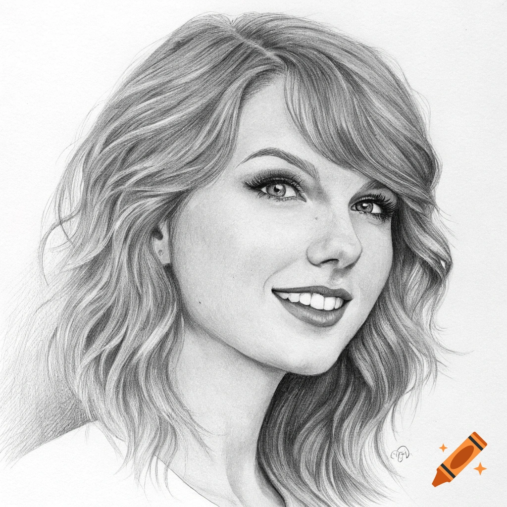 A pencil drawing portrait of Taylor Swift.