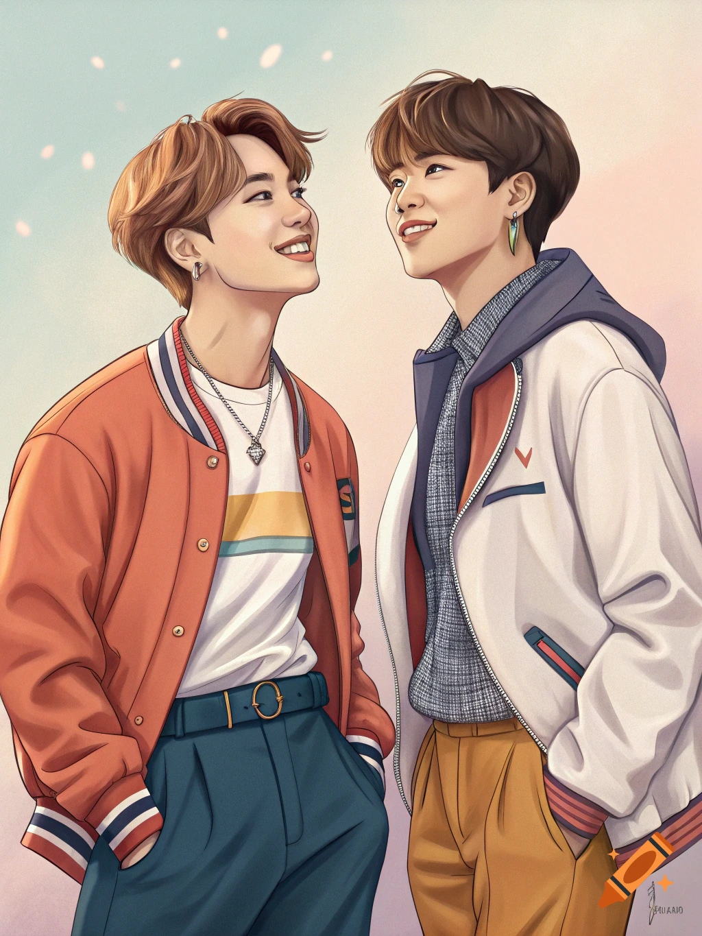 Two young men smile at each other in an anime-style illustration, wearing casual jackets.