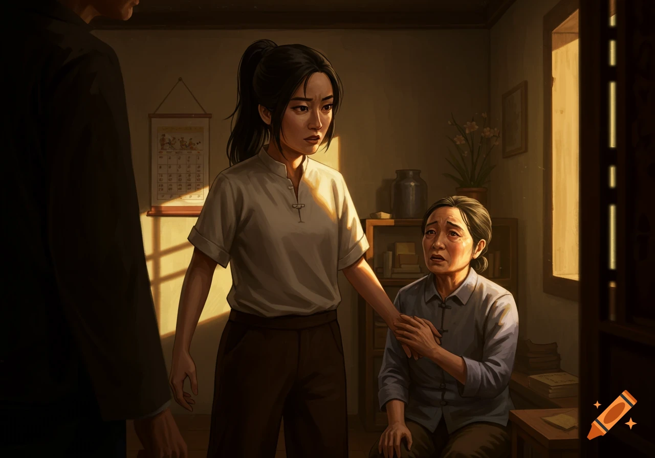 A dramatic scene indoors with a standing woman and a seated distressed woman, with a man partially visible. Dimly lit room.