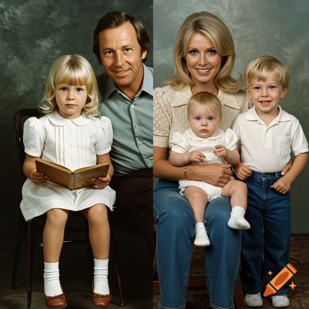 Split portrait photo of two 1970s family scenes: a girl reading a book and a mother with two children.