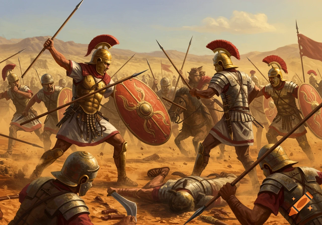 Ancient soldiers clash in a desert battle, one fallen on the ground