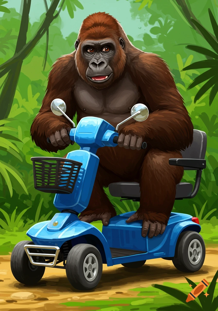Cartoon gorilla riding a blue mobility scooter in a jungle