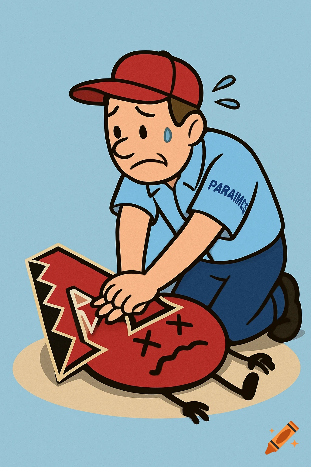 Cartoon paramedic gives CPR to a broken heart on the floor.
