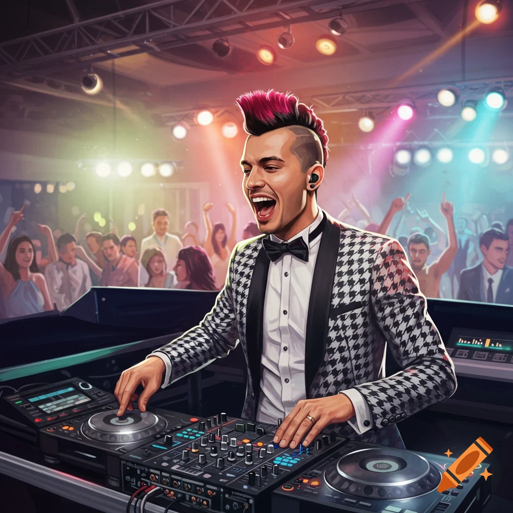 A DJ with pink hair and a bow tie plays music on decks at a lively party.
