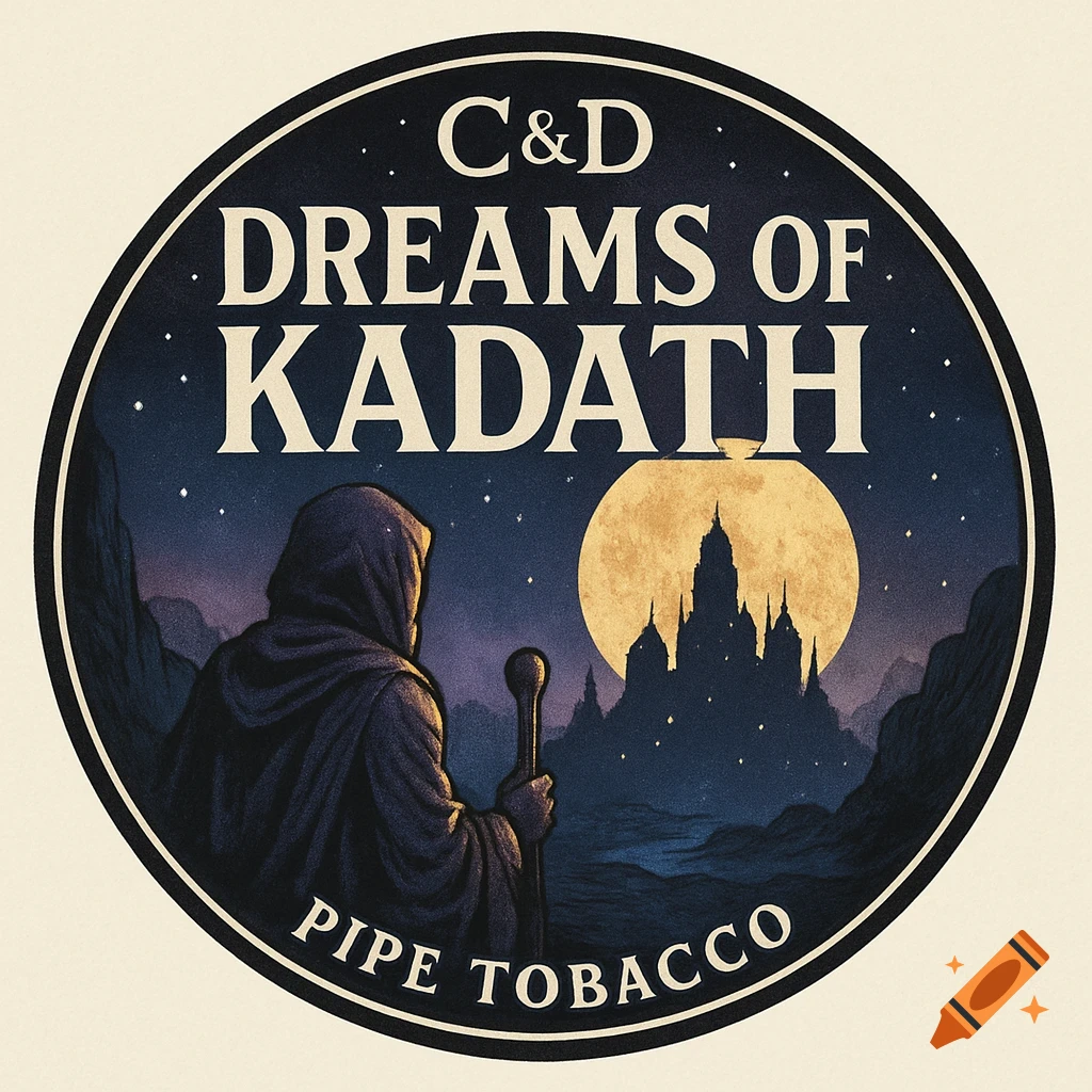 Circular label art featuring a hooded figure looking towards a distant castle under a large moon, with text.