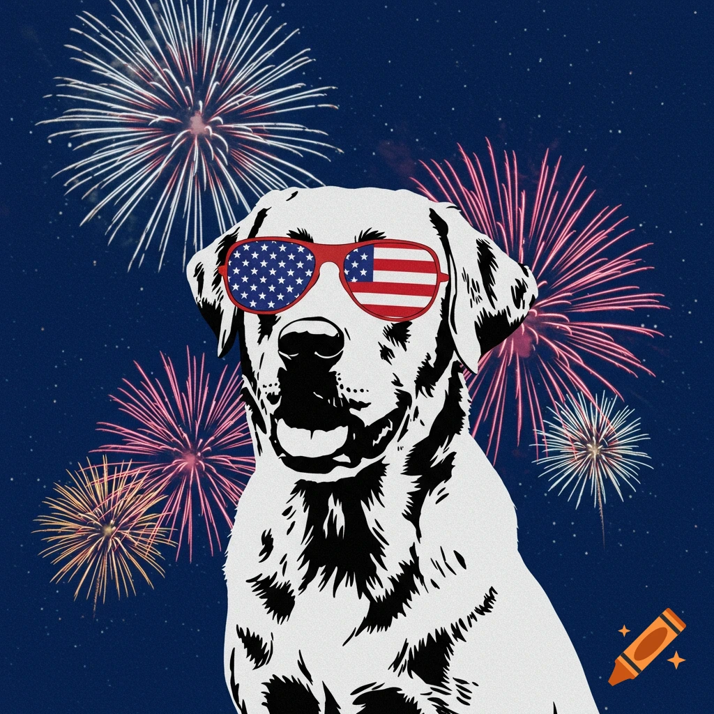 A black-and-white stencil of a Labrador Retriever wearing American flag sunglasses in front of fireworks.
