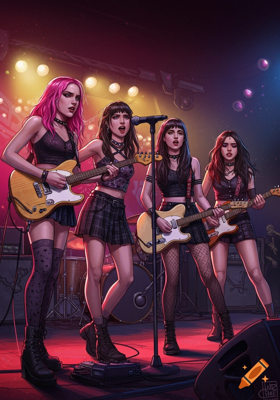 Illustration of a female band playing electric guitars on a stage