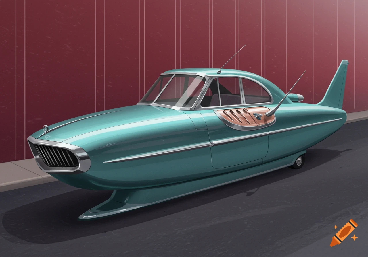 A teal retro-futuristic car with fins parked by a red wall.