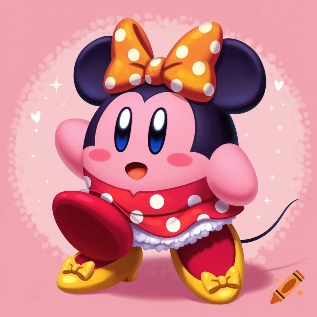 Kirby dressed as Minnie Mouse with a red and white polka dot dress, black ears, and orange bow.