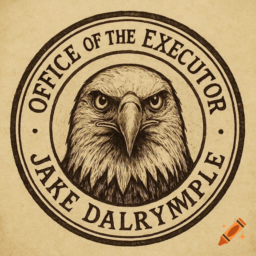 Circular stamp design with an eagle head and text in engraving style.