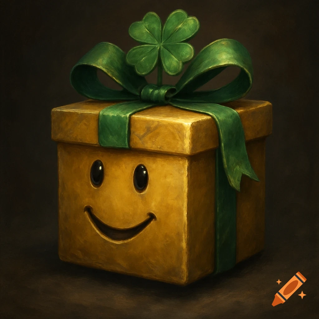 Golden gift box with a smiley face, green ribbon, and clover