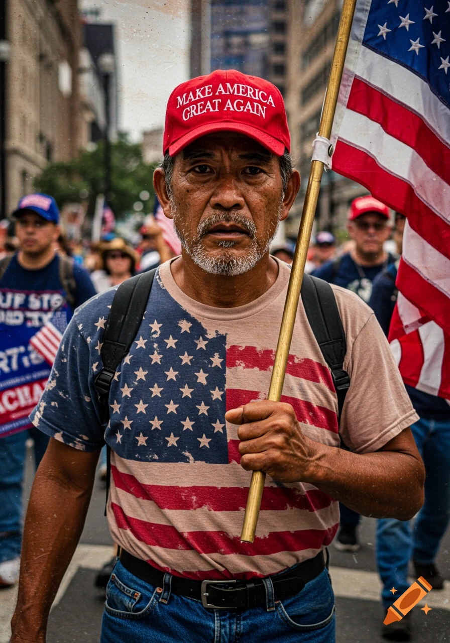 Close-up portrait of a man in a crowd wearing a Make America Great Again hat and US flag shirt, holding a US flag.