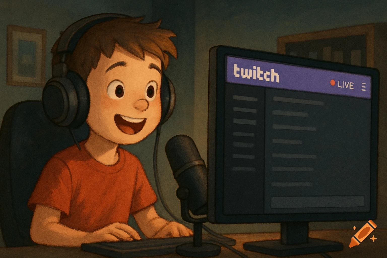 Illustrated boy wearing headphones and streaming on Twitch with a microphone and keyboard.