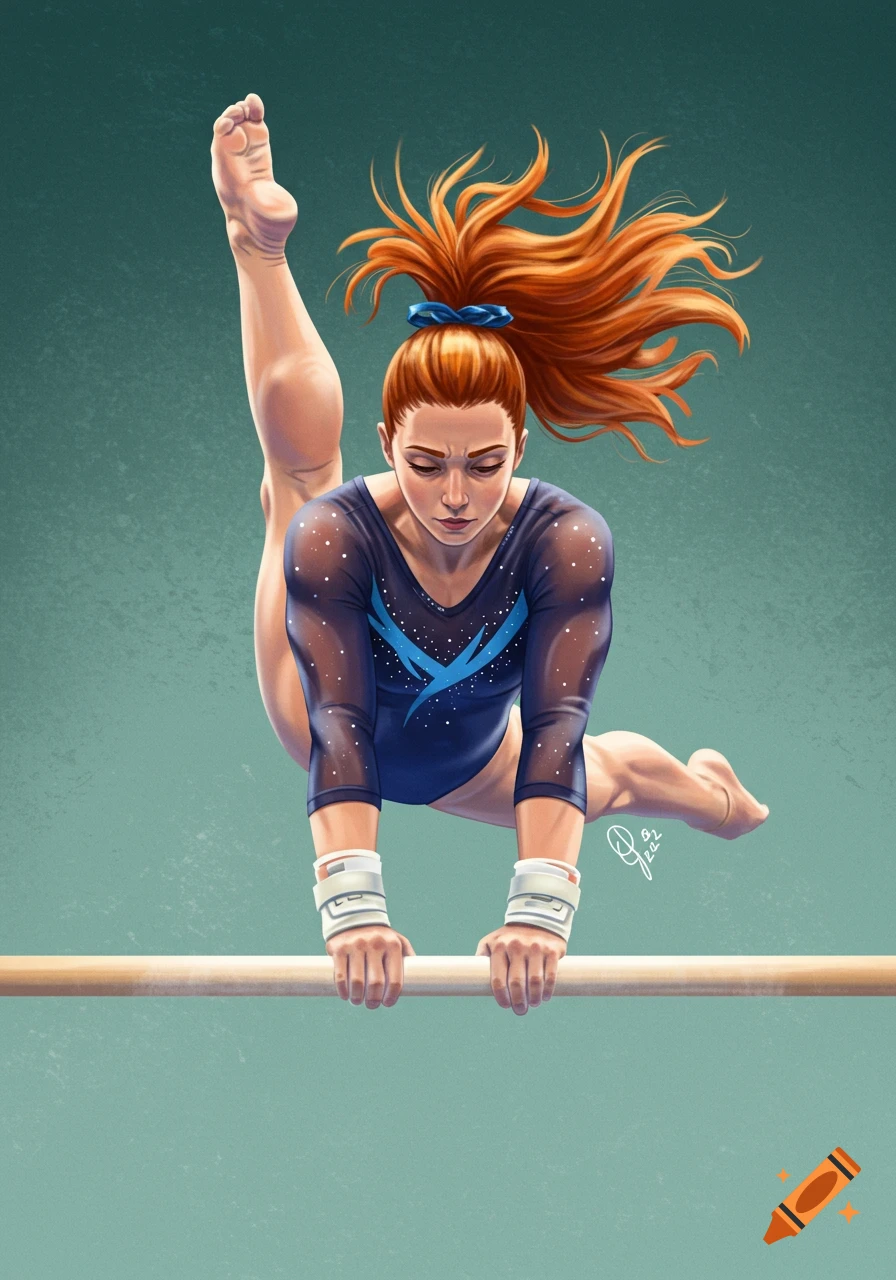 Illustration of a female gymnast in a blue leotard doing a high leg split on the uneven bars.
