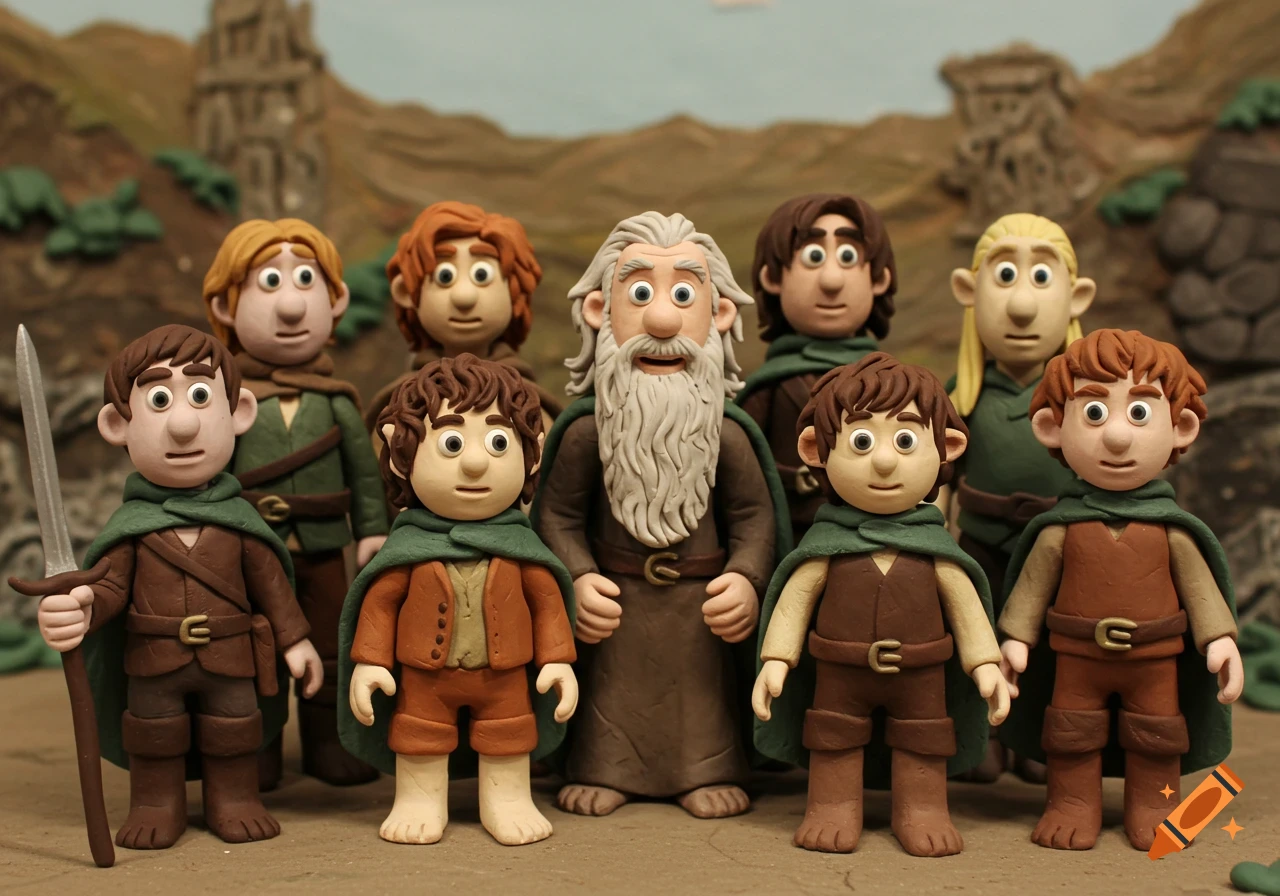 Claymation figures of the Fellowship of the Ring in the style of Wallace and Gromit.