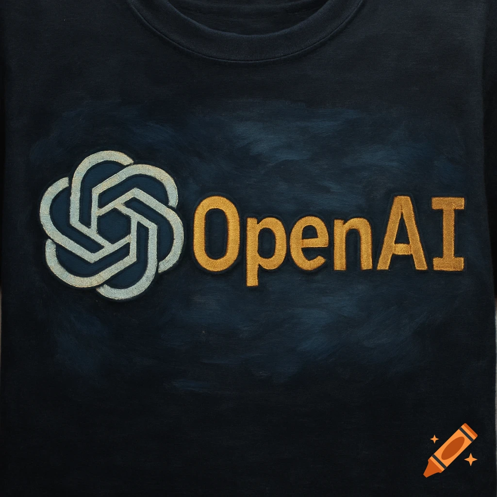 Close up of a dark t-shirt with the OpenAI logo and text