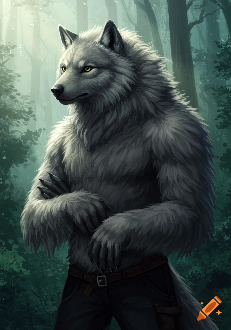 Illustration of a grey wolf-human hybrid standing in a forest.