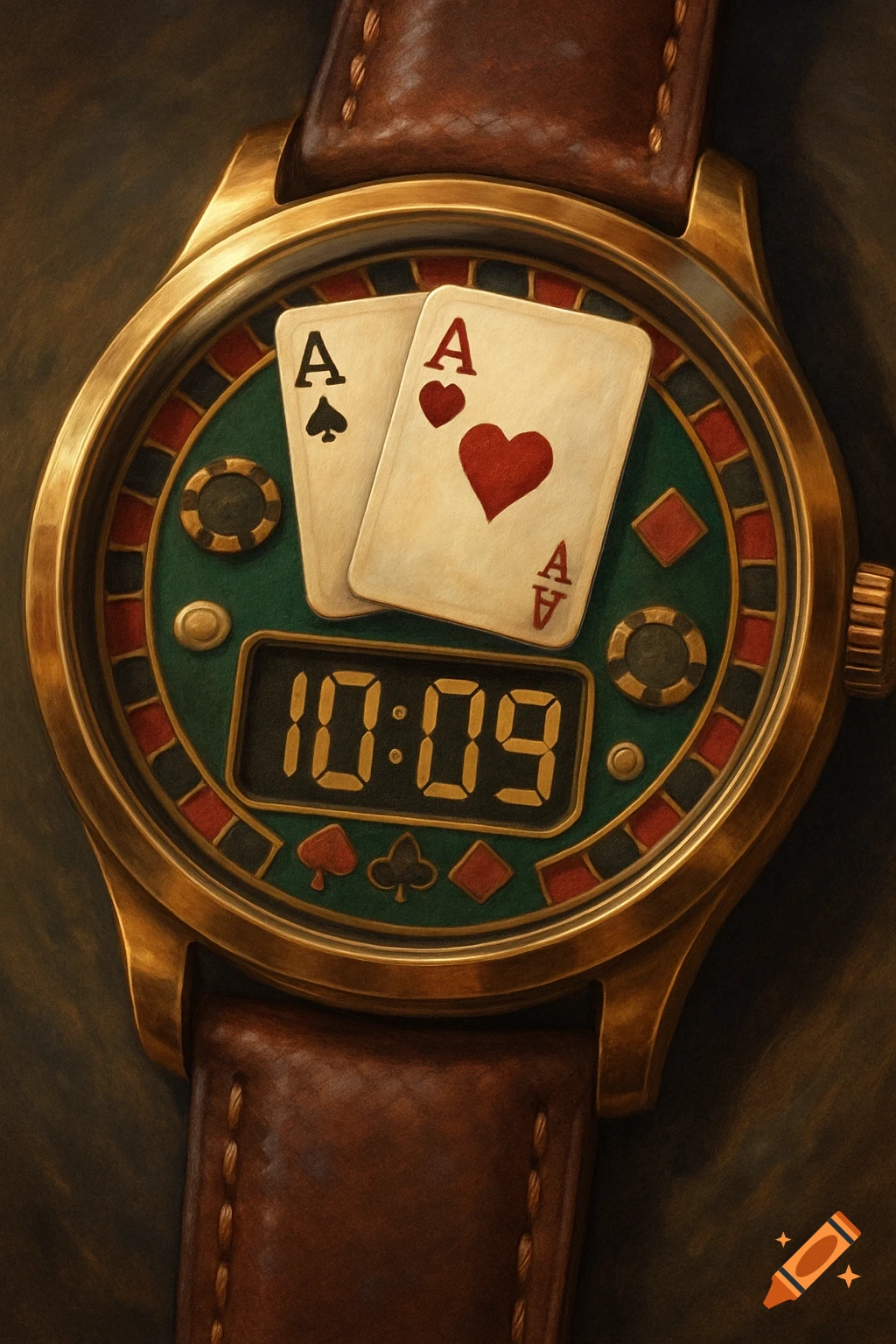 A close-up painting of a brass wristwatch with a casino-themed face showing two aces, poker chips, and a digital time display.