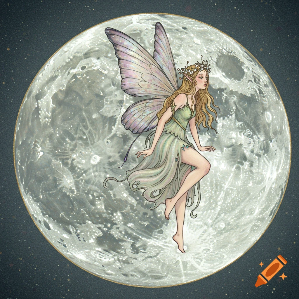 An illustration of a fairy floating in front of a full moon.