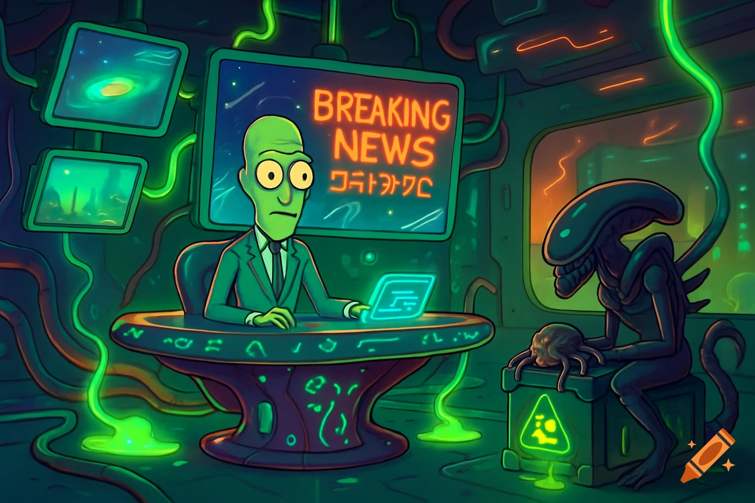 Cartoon alien news anchor and AVP alien in futuristic newsroom, Rick and Morty style, showing BREAKING NEWS.