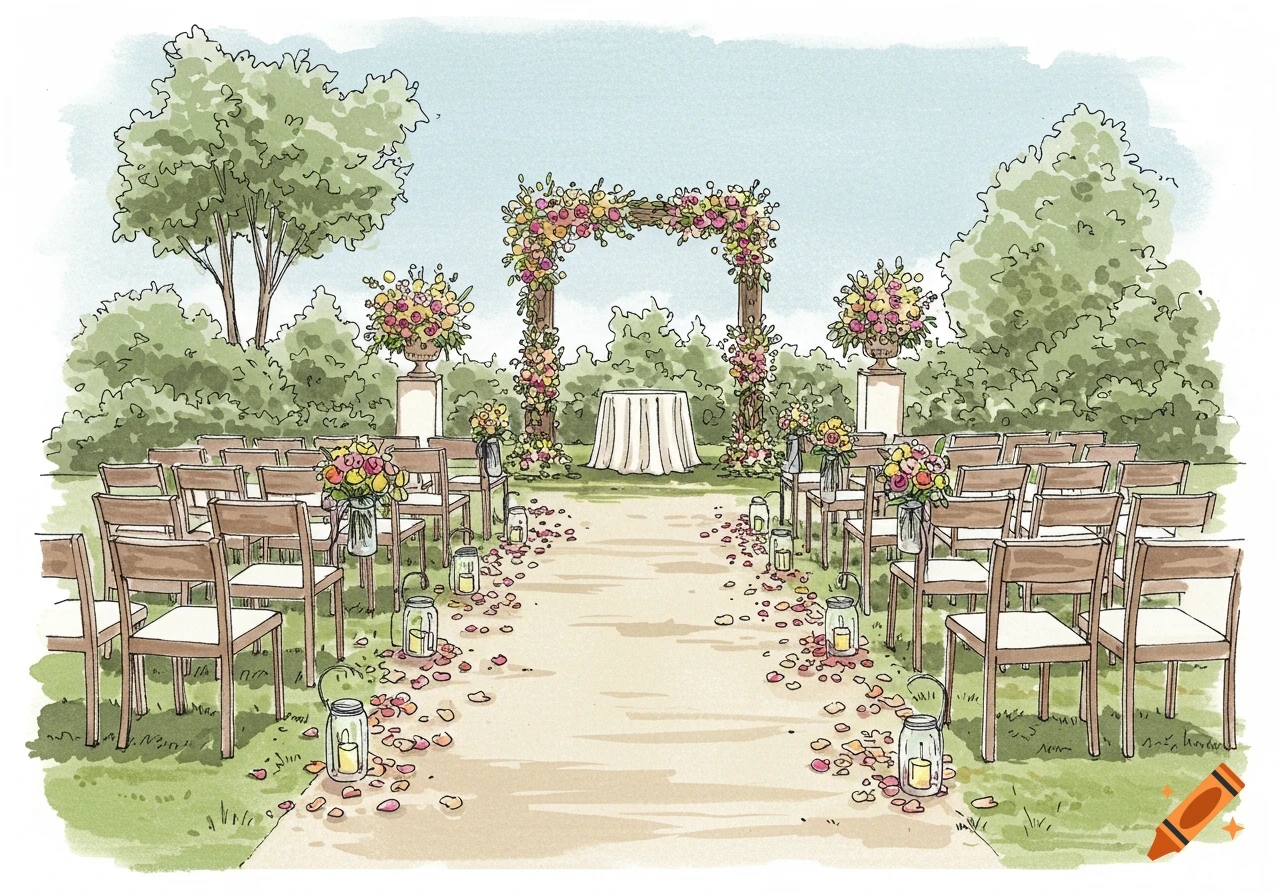 A watercolor illustration of an outdoor wedding ceremony setup with chairs, an arch, and flower petals.