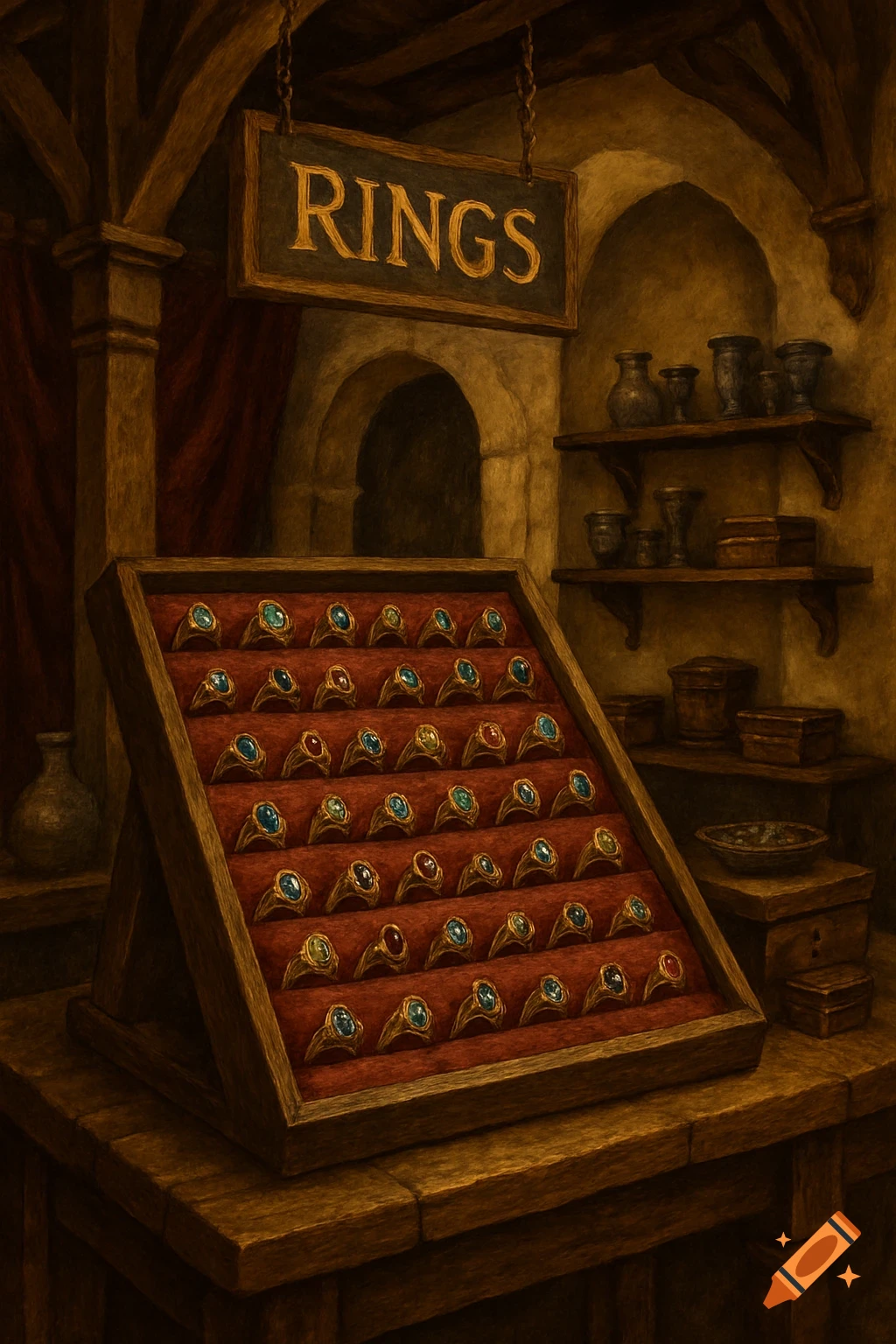 A display case filled with rings in a dimly lit medieval jewelry shop.