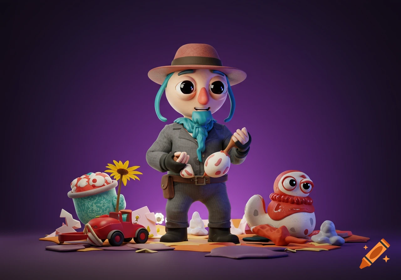 A 3D rendered cartoon character with a hat holds a maraca, with a toy car and creature nearby.