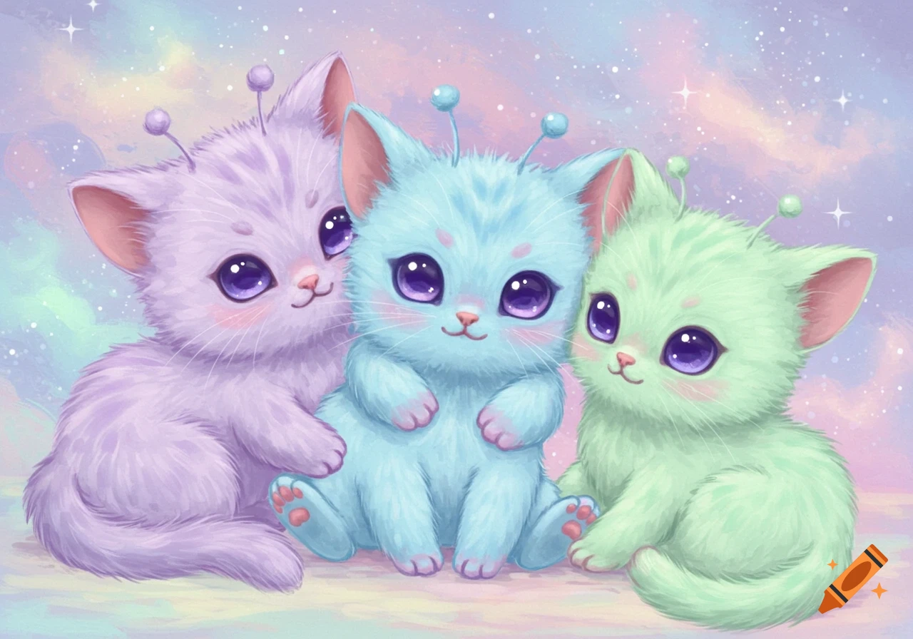 Cute pastel purple, blue, and green alien kittens with large eyes sitting together against a starry sky.